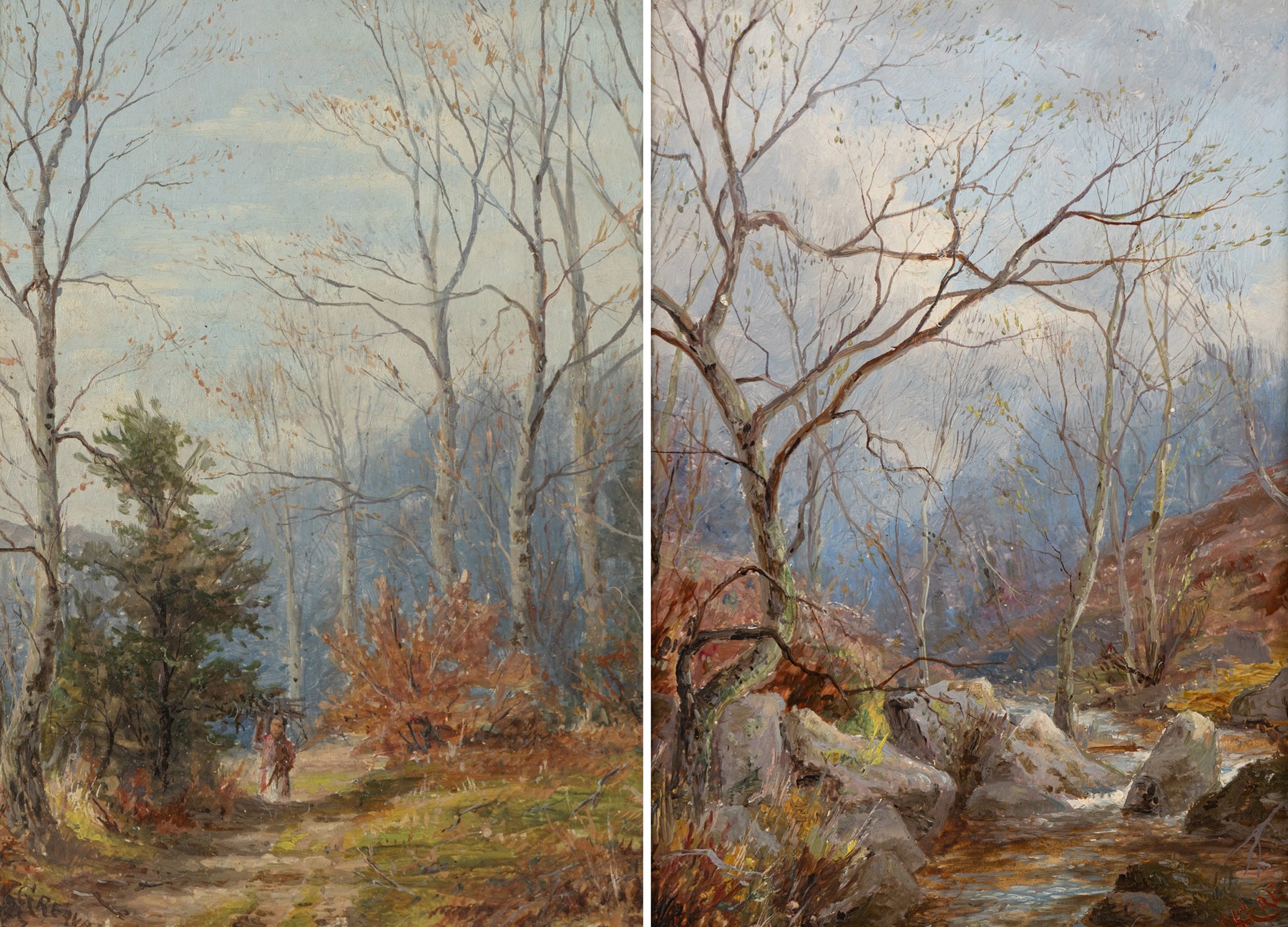 William Greaves (British 1852-1938): Autumn Woodland Walk, pair of oils on board signed and dated 1877 and 1897, in matching gilt frames 17cm x 12cm (2)