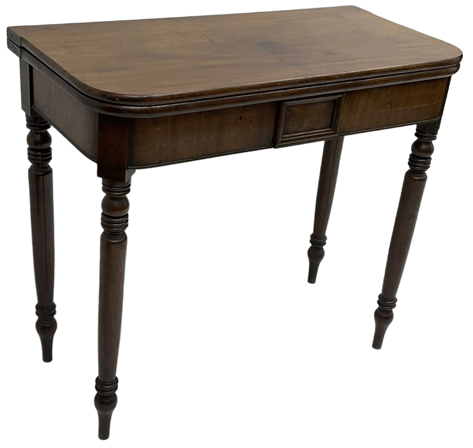 Victorian mahogany tea table, rectangular swivel fold-over top with rounded corners, on ring turned supports 