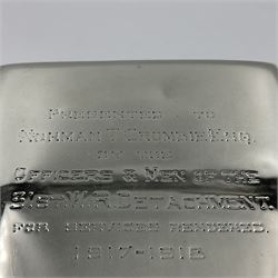 Edwardian silver mounted playing card case, hallmarked William Harrison Walter, Birmingham 1903, the sides each with a period playing card set behind a bevelled glass panel, the hinged cover with later engraving 'Presented to Norman T Crombie Esq by the officers & men of the 31st WR Detachment for services rendered 1917-1918', with red leather lined interior, the three compartments upon a sprung base and containing two later wooden Whist markers, case H12.5cm