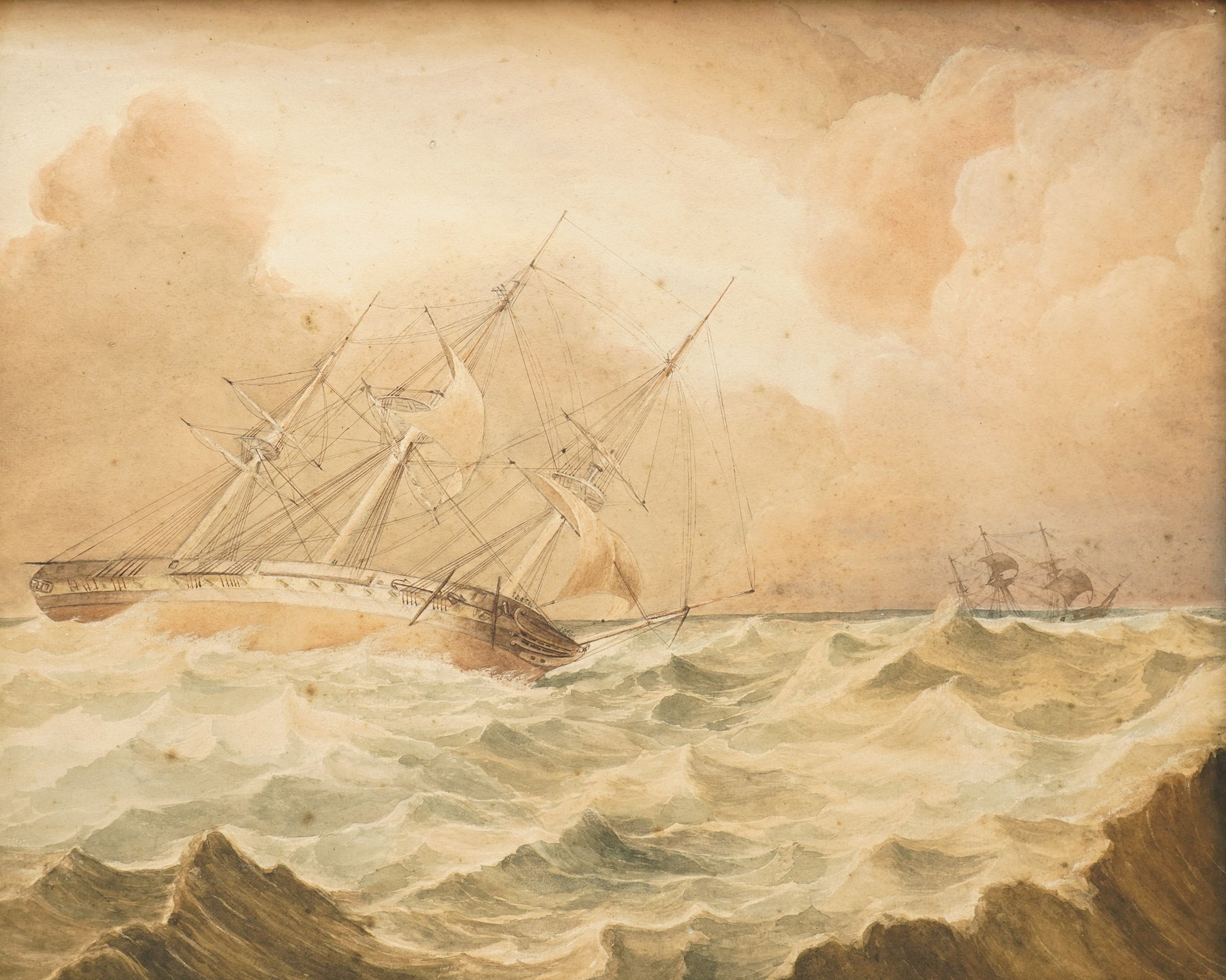 English School (19th century): Frigate on Stormy Seas, watercolour and ink unsigned 46cm x 56cm