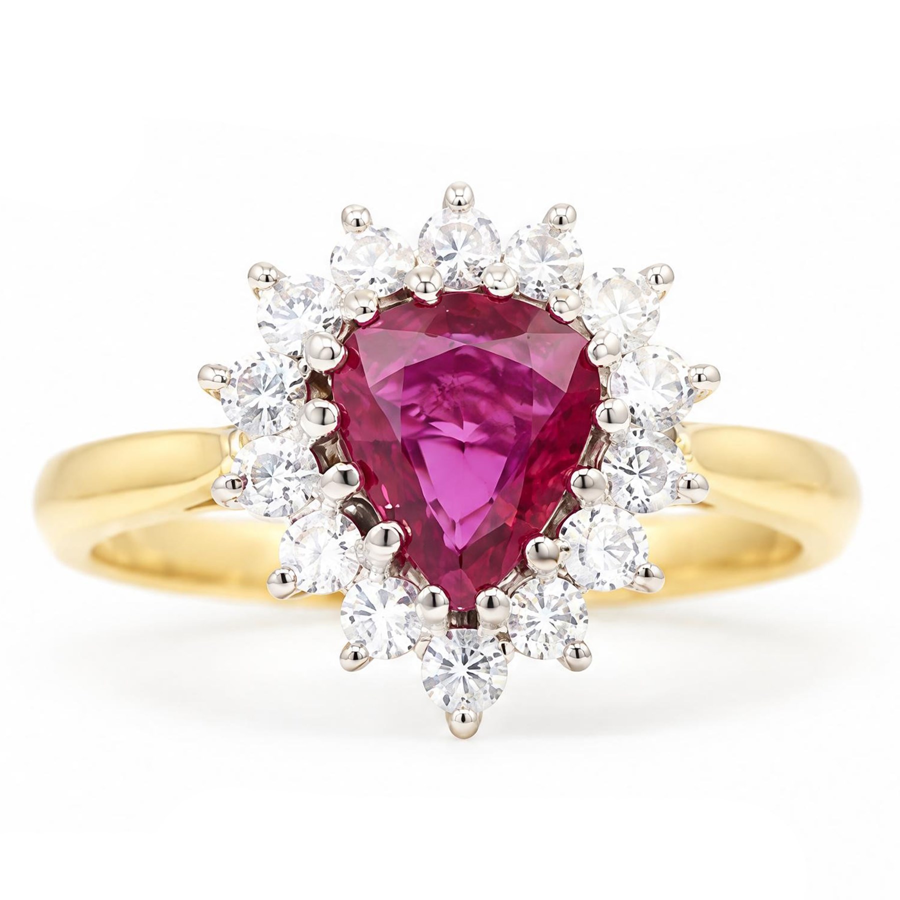 18ct gold ruby and diamond cluster ring, single pear cut ruby of approx 1.05 carat, surrounded by fourteen round brilliant cut diamonds, Birmingham 1988, total diamond weight approx 0.40 carat