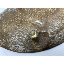 Bergman Art Nouveau bronze dish, of naturalistic shell form upon four shell feet, the centre decorated in relief with a mermaid amongst fish and sea horses, with Bergman mark and impressed Geschutzt 5070 beneath, L36cm