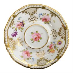 H&R Daniel, pair of trios, coffee cup, teacup and a saucer, circa 1826
pattern 4057, 'Second Gadroon Variation A', painted with fine foliate sprays and gilt hatched reserves, coffee cup including handle H8cm, saucer D14cm