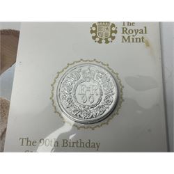 Five The Royal Mint United Kingdom fine silver twenty pound coins, dated 2013 'A Timeless First', 2014 'Outbreak', 2015 'The Longest Reigning Monarch', 2016 'The 90th Birthday of Her Majesty The Queen' and 2016 'Pride of Wales', each housed on card (5)