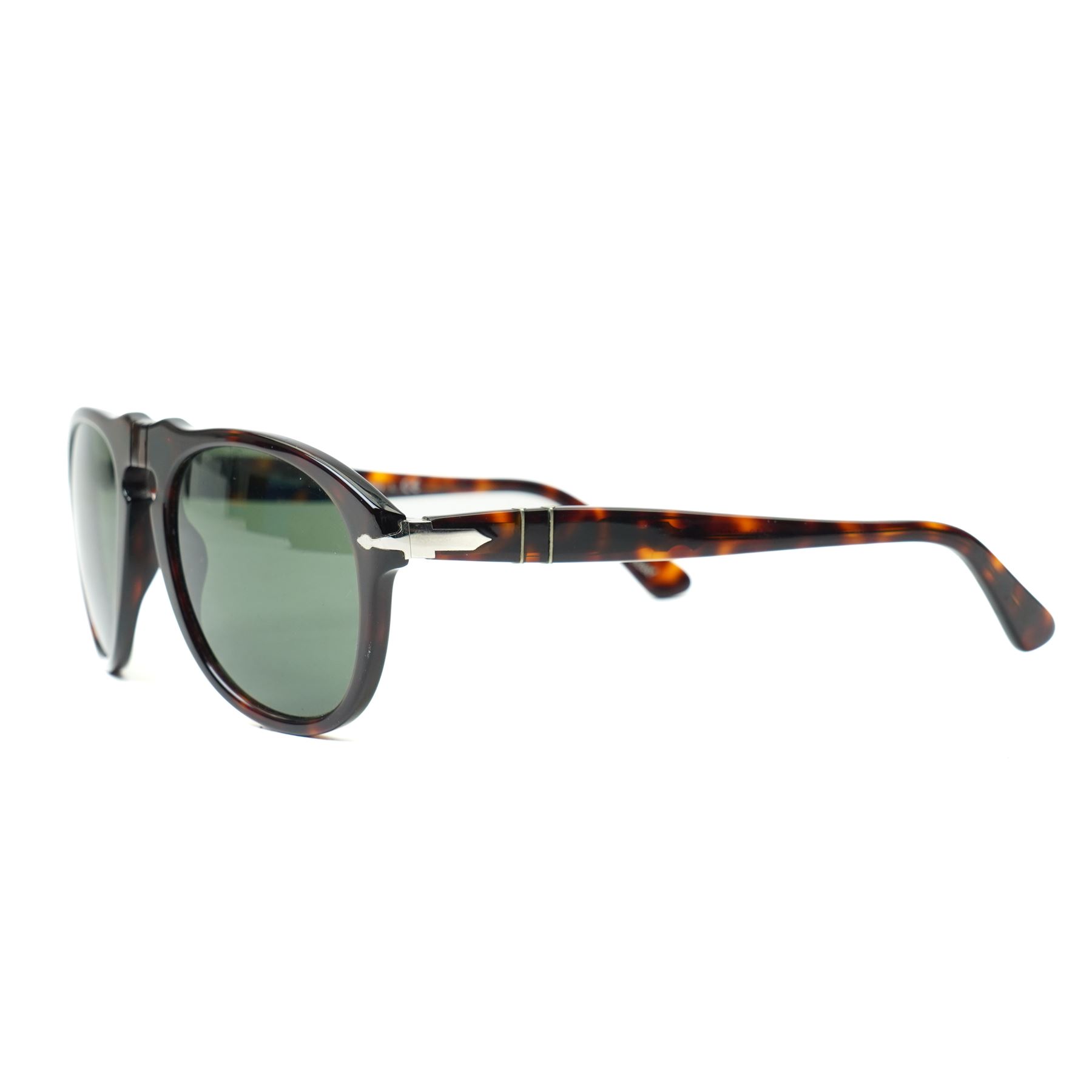 Persol tortoiseshell acetate sunglasses, handmade in Italy, with dark green lenses, signature silver-tone arrow hinges and keyhole bridge, temple interiors stamped Persol and CE marks, together with original Persol case and cloth