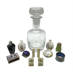 Krosno glass decanter with etched floral decoration, snuff bottles to include oriental glass examples, cloisonné matchbox cover, napkin ring and other examples
