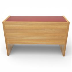 Sliderobes - modern dressing table and two bedside cabinets, red glass panels to top and drawer fronts, drawers with push to open mechanism, with veneered oak frames (Bedside tables H 56cm, D 50cm, W 40cm; Dressing table: H 83cm, D 50cm, W 135cm)