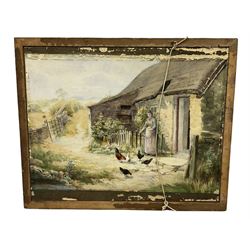 English School (19th century): Country Girl at Dawn, oil on board unsigned, verso William Joseph Boyes (British 1871-1919): 'Woman Feeding Chickens', watercolour signed and dated 1891, 50cm x 39cm