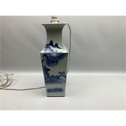 19th century Oriental blue and white table lamp of square form, depicting mounting scenes with mock foo dog handles, H50cm