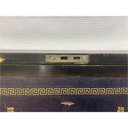 Victorian mahogany writing slope, the brass bound hinged cover opening to reveal tooled leather and gilt interior with two glass inkwells, together with a similar parquetry inlaid writing slope, with central mother of pearl inlay enrgraved 'Sarah', tallest H17cm 