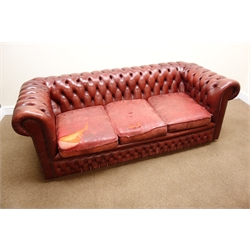  Three seat Chesterfield sofa upholstered in deep buttoned ox blood leather, W200cm  