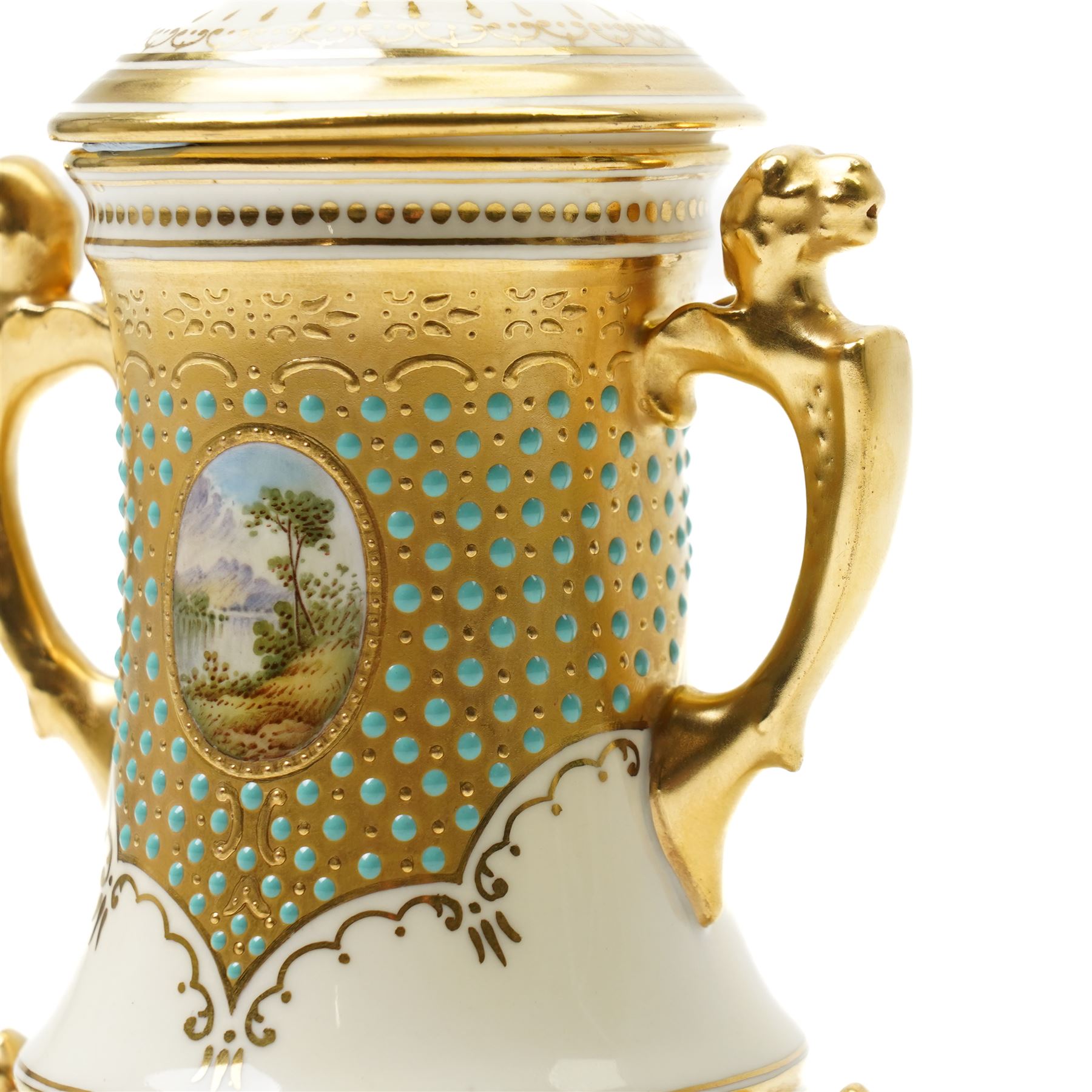 Coalport porcelain jewelled vase and cover, circa 1900, painted with a small enamel reserve of Loch Awe, printed backstamp and gilt numbered V5955, H17cm