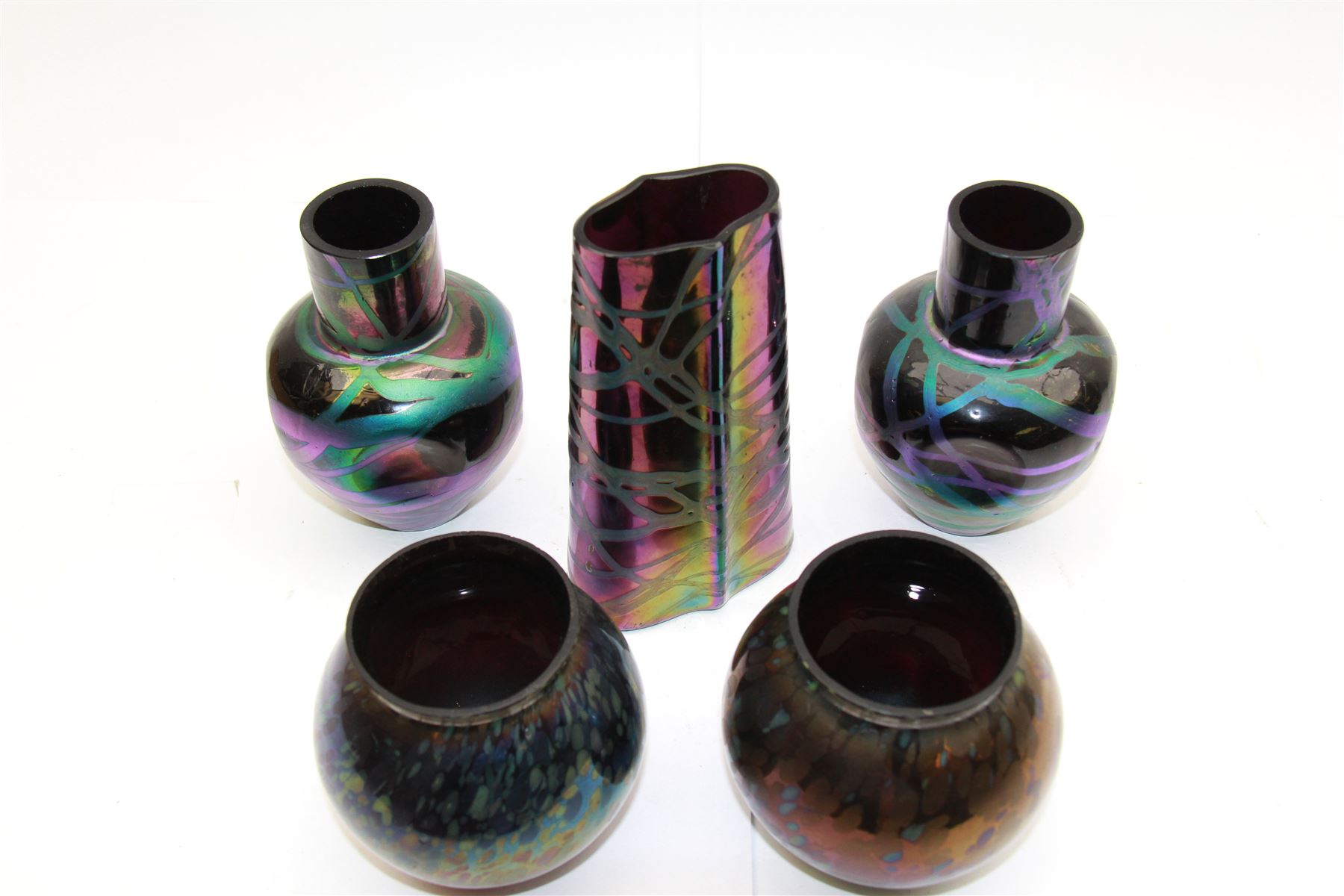Five Austrian Art Nouveau purple glass vases, to include a Pallme-Konig example, of tapering form with matte vein decoration, and two similar pairs, tallest H16cm