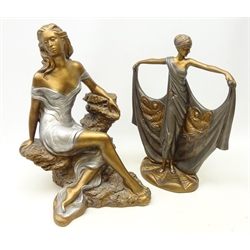  Art Deco style bronzed figure of a dancer and another of a seated Maiden, both by Austin, H42cm (2)  