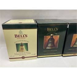 Dimple 15 Year Old Blended Scotch Whisky, together with nine Bells, scotch whisky, in Wade ceramic decanters, including Christmas 1991, 1998, 1996 etc, of various contents and proof 