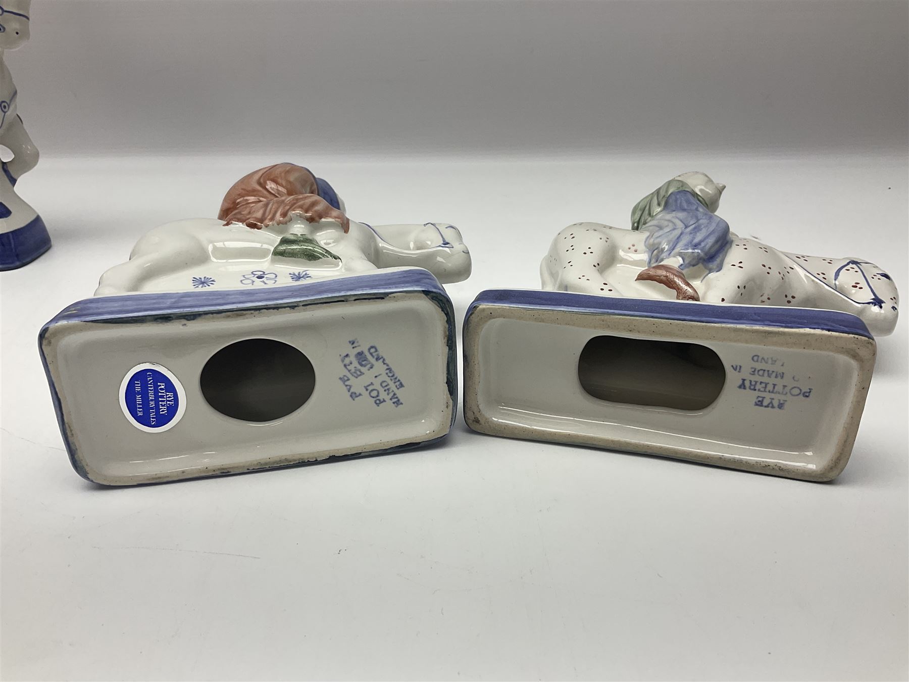 Three Rye Pottery Canterbury Tales figures, comprising The Miller, The Monk and The Franklin, together with a Canterbury Tale tile The Knight, tallest H24cm