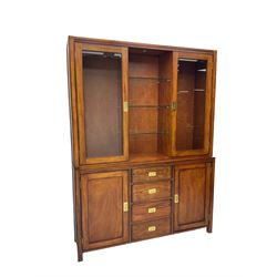 Cherrywood military style display cabinet, two raised display cabinets flanking shelves, the lower section fitted with four drawers and two cupboards