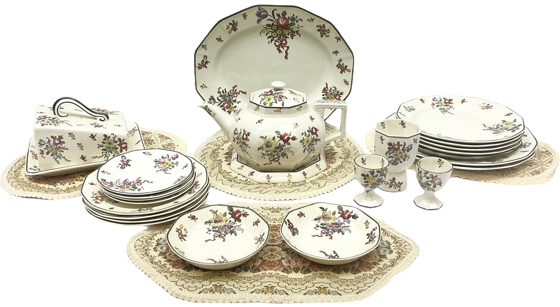 Royal Doulton part dinner service in Old Leeds Sprays pattern,  to include cheese dome, teapot and stand, egg cups etc, together with a selection of floral doilies.  