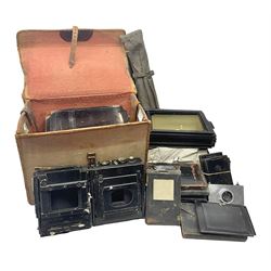 Contessa-Camera Werke folding camera, together with Hirrlinger folding camera, additional plates, two tripods and other accessories 