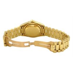 Rolex Oyster Perpetual Day-Date gentleman's 18ct gold wristwatch, circa 1996, Ref. 18238, serial No. T276856, cream pyramid Roman dial, on 18ct gold Presidential bracelet with fold-over clasp
