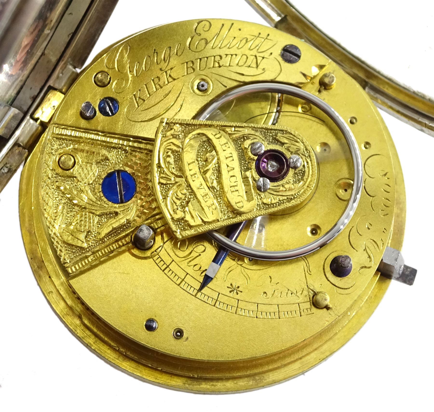 Victorian silver open face English lever fusee pocket watch by George Elliott, Kirk Burton, No. 8008, round pillars, engraved balance cock with diamond endstone, silver engine turned dial with Roman numerals and subsidiary seconds dial, case by George Hammon, London 1845