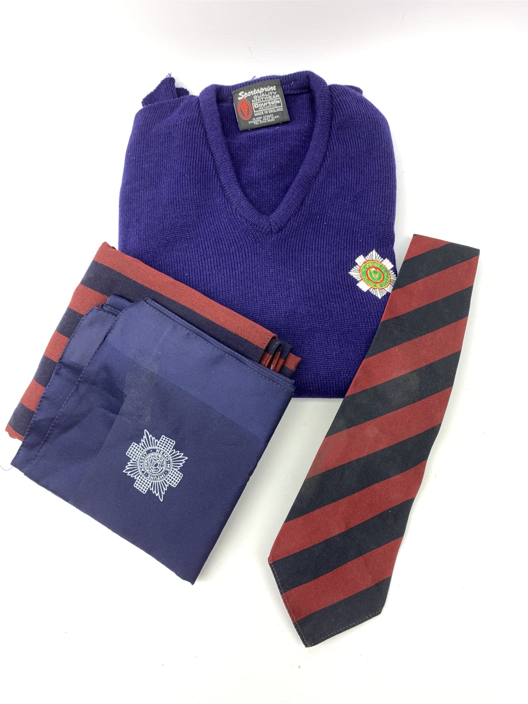 Scots Guards - set of five unframed annotated colour prints depicting the history of their uniform 1899 - 1958, each 20 x 36cm; together with regimental pullover, scarf, tie, shawl, double breasted blazer with Staybrite buttons and trousers