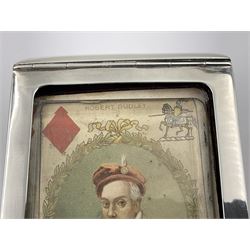 Edwardian silver mounted playing card case, hallmarked William Harrison Walter, Birmingham 1903, the sides each with a period playing card set behind a bevelled glass panel, the hinged cover with later engraving 'Presented to Norman T Crombie Esq by the officers & men of the 31st WR Detachment for services rendered 1917-1918', with red leather lined interior, the three compartments upon a sprung base and containing two later wooden Whist markers, case H12.5cm