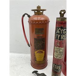 Early 20th century Kyl Fyre dry powder fire extinguisher, together with a Pyrene C.T.C fire extinguisher, and two larger fire extinguishers comprising a 1962 Minimax example and a Lister example, tallest H66cm