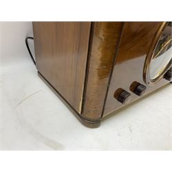 Late 1930s Art Deco Ferguson 503AC walnut cased valve radio, with glazed oval dial above four Bakelite knobs, H55cm D28cm W42cm