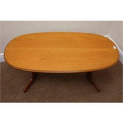  Mid 20th century teak oval coffee table (W108cm, H45cm, D55cm) a two door cupboard (W82cm, H46cm, D40cm) and an open bookcase (3)  