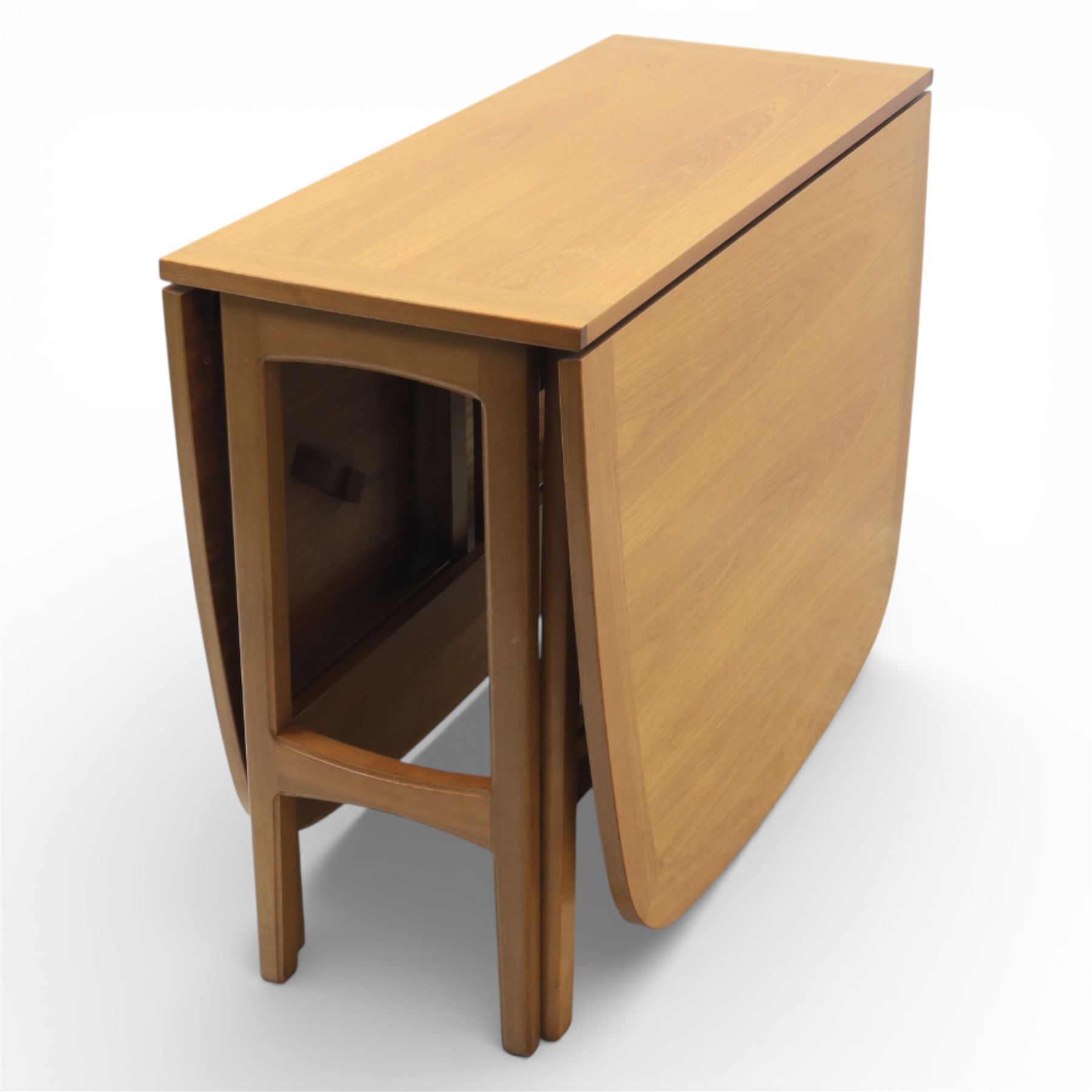 Nathan - teak drop leaf dining table, the rectangular top with rounded corners fitted with twin hinged drop leaves and gate legs, extended to form an oval table 174cm in length, raised on square section supports united by stretchers