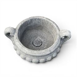 Pair of squat cast stone garden urns of kylix form, gadrooned body with twin pierced scrolling handles, fluted socle on square base