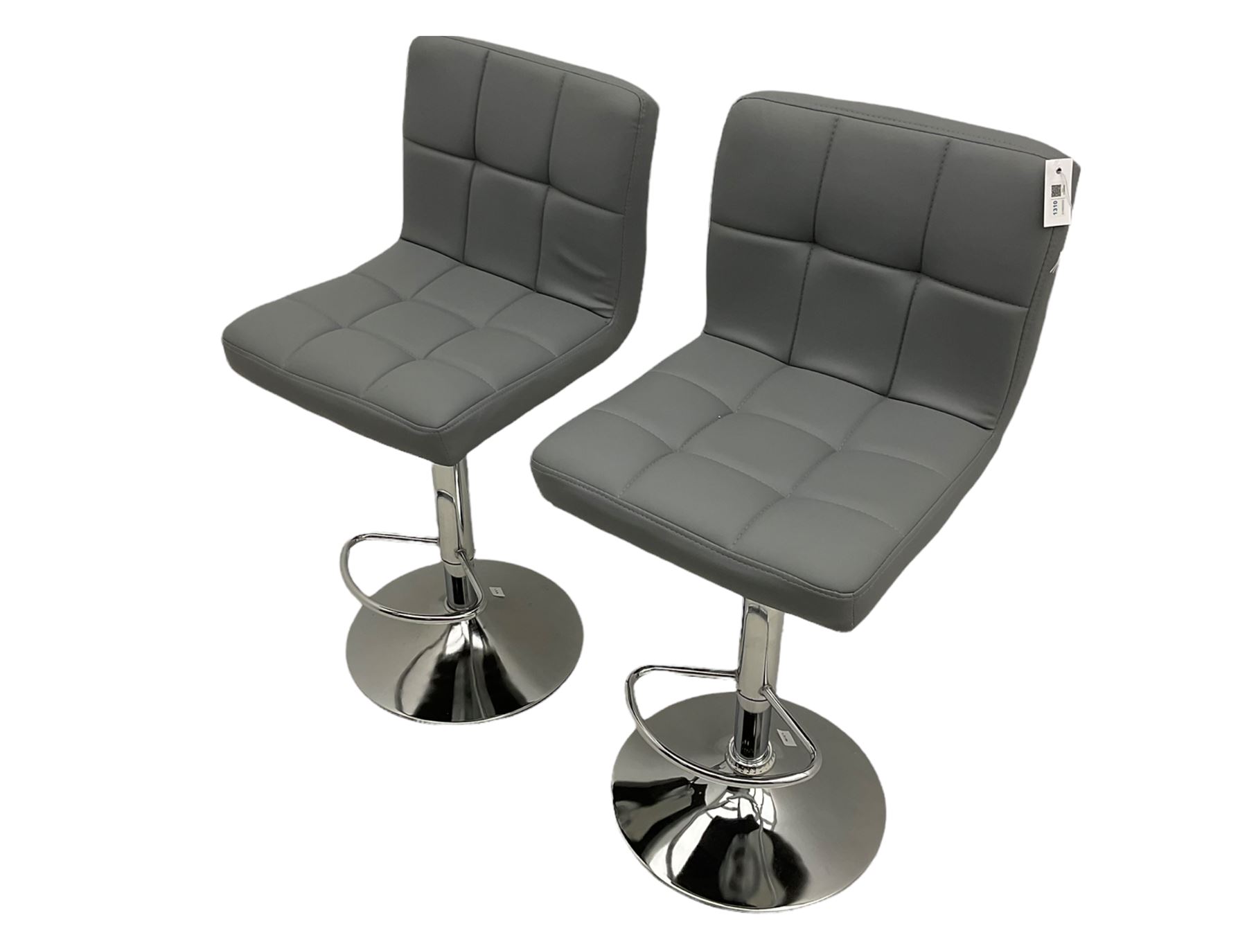 Pair contemporary bar stools, upholstered in grey, on polished metal base