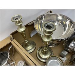 Collection of silver plate and other metal ware to include Victorian four piece silver plated tea Service, by Fenton Brothers, pair of candlesticks, large footed bowl, cocktail shaker, pewter napkin rings etc