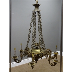  Early 20th century Classical Revival ornate cast brass chandelier, six branches on a central coronet supported by loop chains, D90cm, H115cm  