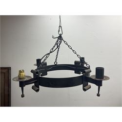 Pair of gothic style wrought iron ceiling lights, each with four branches, D58cm