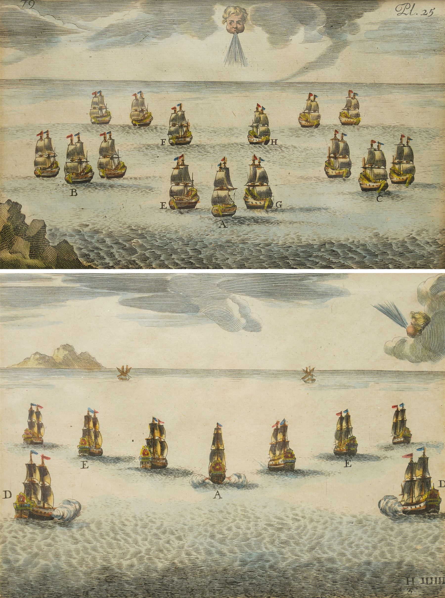 M Ogier (French fl. 1676 -1710) after Pierre Puget (French 1620-1694): Naval Manouevers, pair of late 18th century engravings with hand-colouring pub. Paul Hoste 'L'Art des Armées Navales' (The Art of Naval Armies, or Treatise on Naval Evolutions) c.1697, 12cm x 19cm (2)