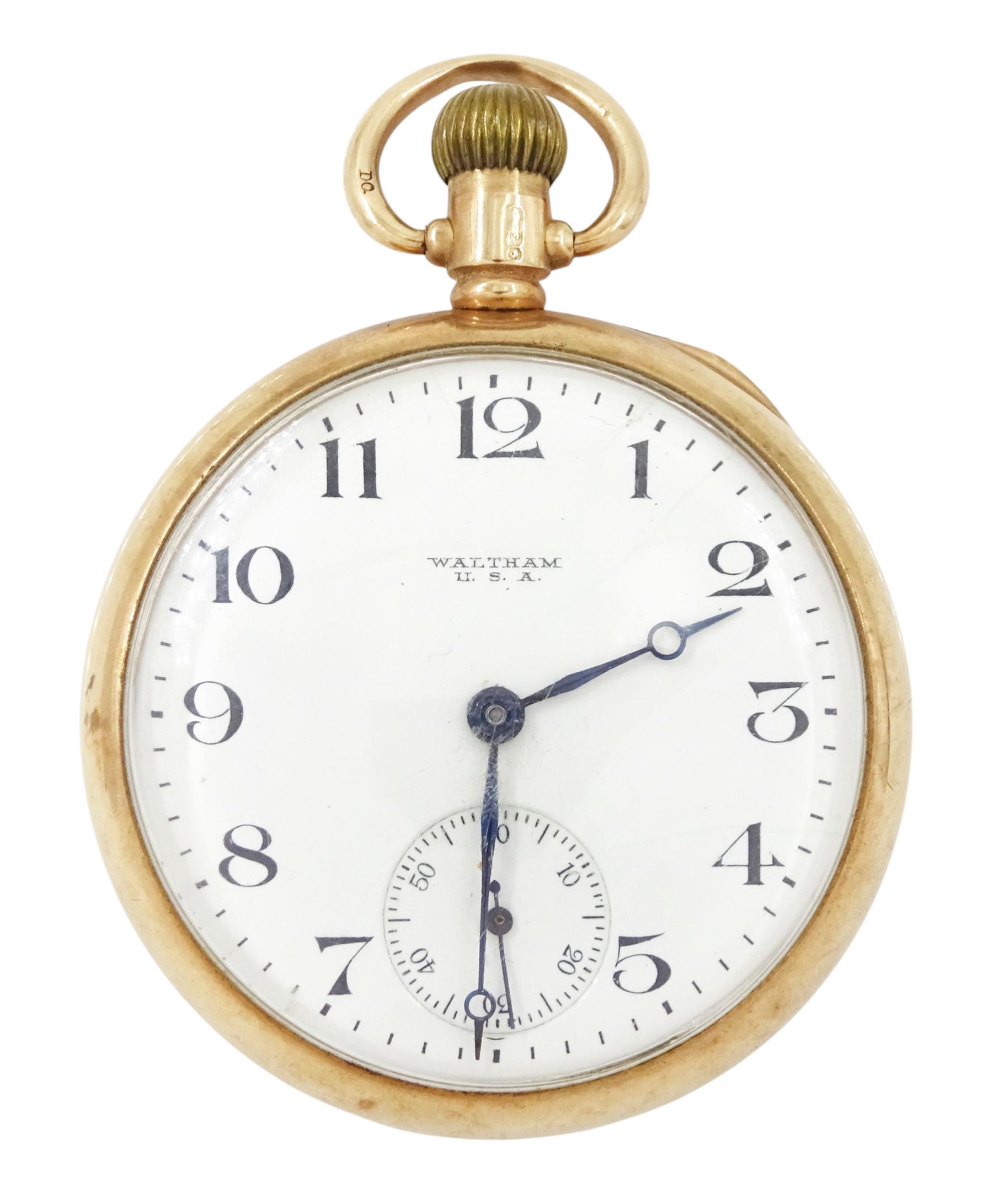 Early 20th century 9ct gold open face keyless lever pocket watch by American Watch Company, Massachusetts, No. 22993016,  white enamel dial with Arabic hour markers and subsidiary seconds dial, case by Dennison, Birmingham 1923