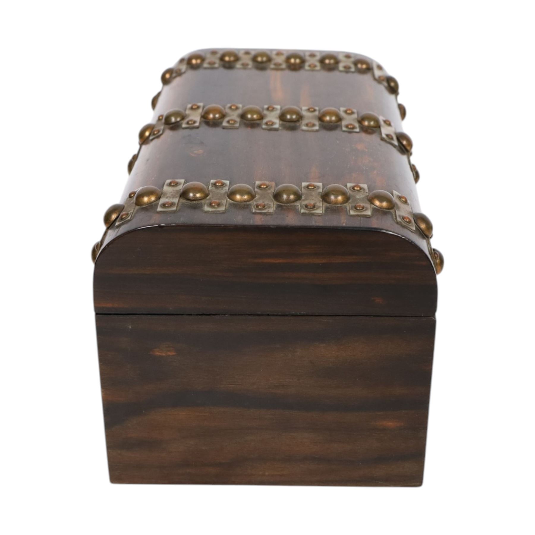 Victorian coromandel and mother of pearl casket, together with an oyster veneer walnut box with pinwork decoration, casket H11cm, L21cm, D13cm