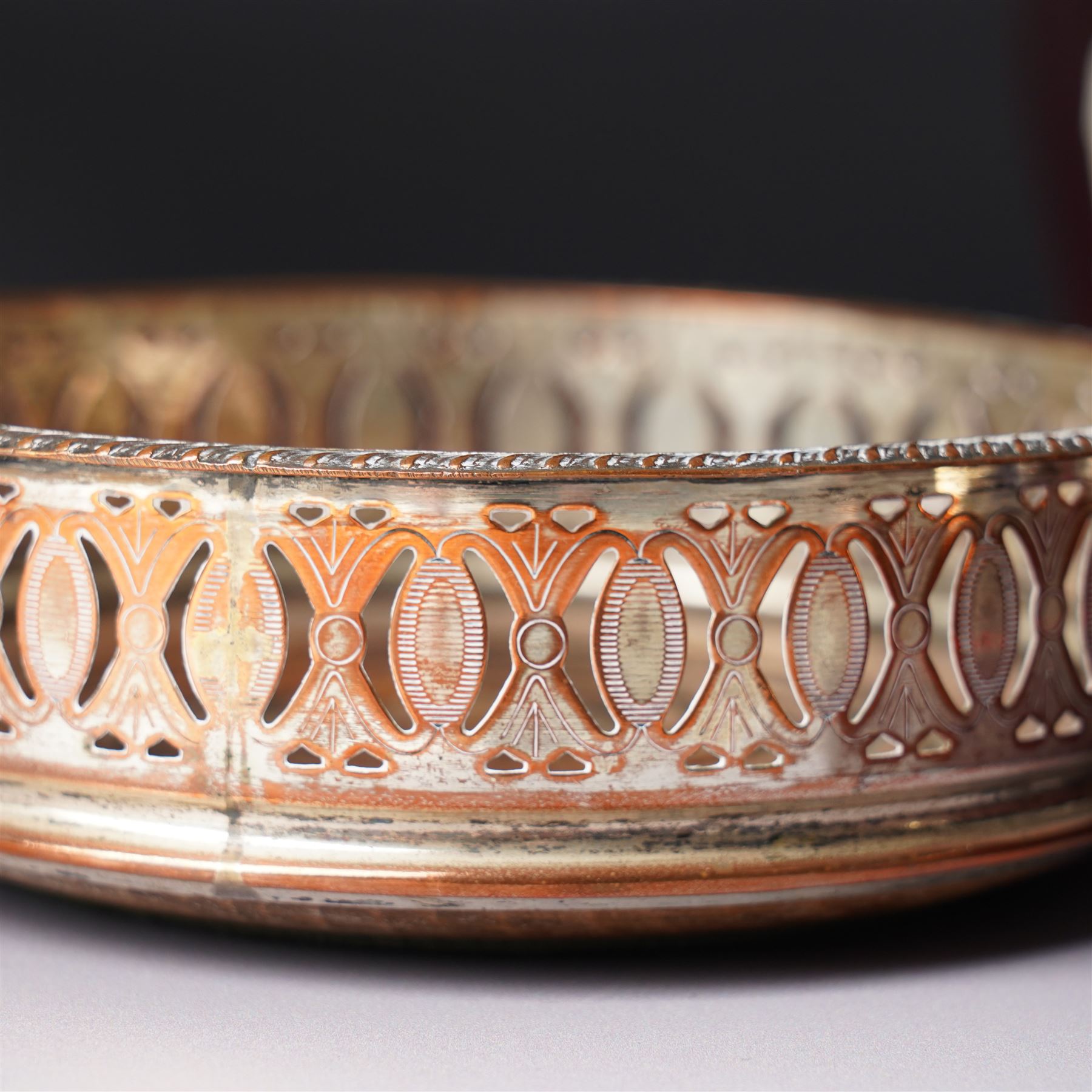 Set of four Edwardian pierced silver salts and matching mustard pot, all with blue glass liners Birmingham 1901 Maker William Devenport, cased, together with a pair of similar pepperettes 1900 Maker Walker & Hall, Georg Jensen sterling silver cauldron shape salt on ball feet, plated coaster, plated salt and silver topped jar