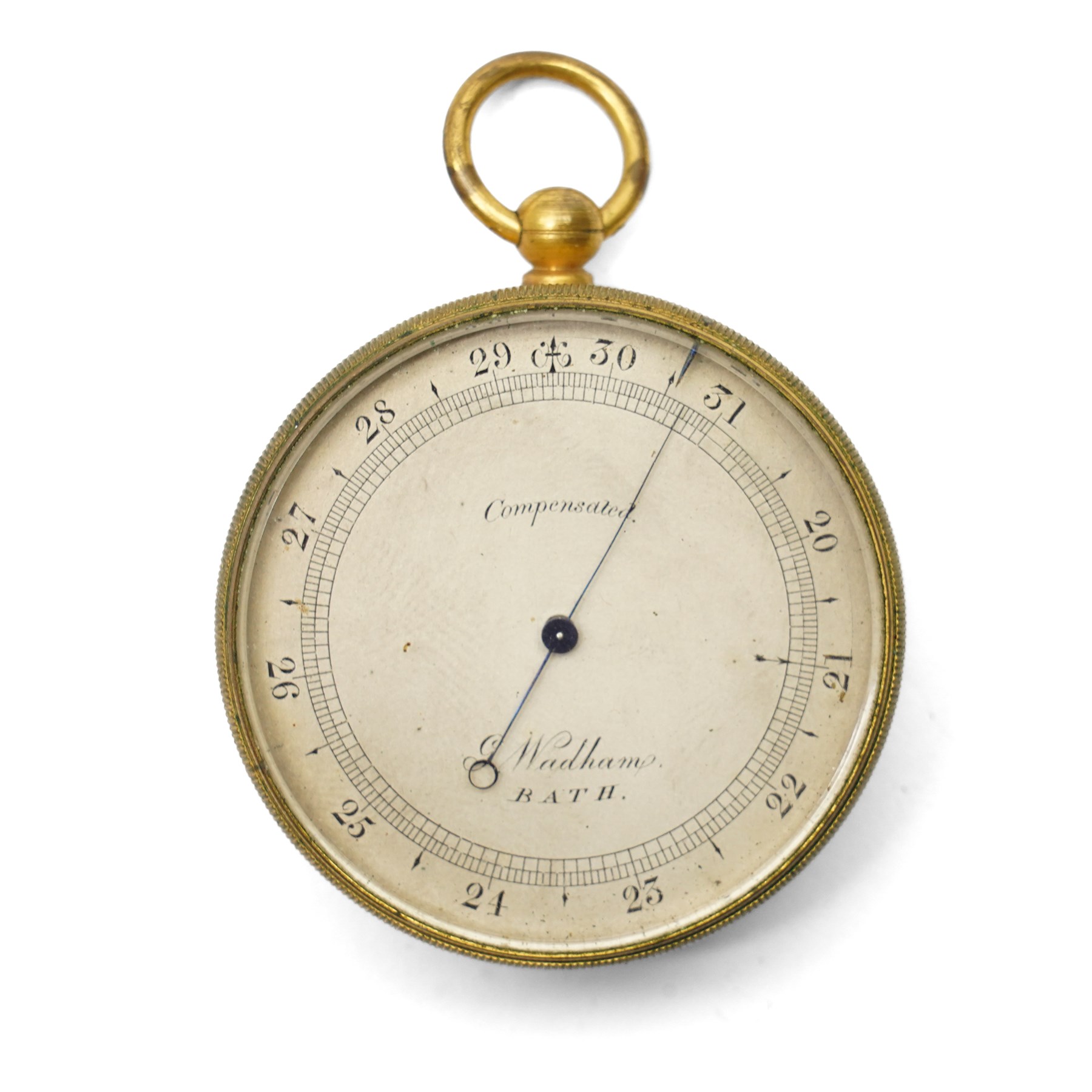 Late 19th century compensated pocket barometer by J. Wadham, Bath, brass cased with silvered dial