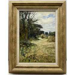 James William Booth (Staithes Group 1867-1953): Harvest Time - Working by the Woodside, oil on board signed 34cm x 24cm