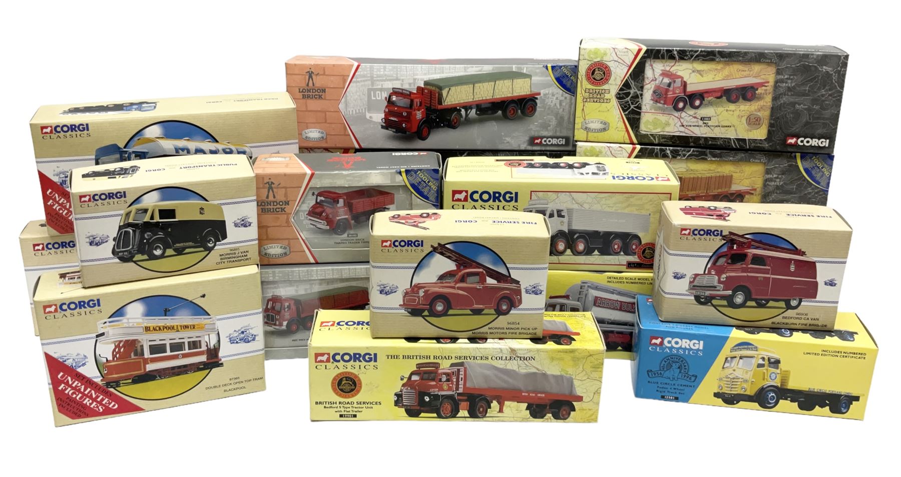 Collection of Corgi die-cast models including British Road Services, Scammell Crusader Sheeted Flat Trailer; CC12603 and five others, three London Brick models, together with various Corgi Classics models, all boxed (17)