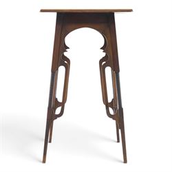 Art Nouveau design mahogany side table, square moulded top over pierced scroll shaped aprons, on four openwork supports