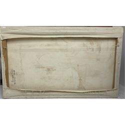 Thomasin Toohie (British Contemporary): Garden Gnomes Through the Window, oil on canvas signed and dated 2002 verso 91cm x 152cm (unframed)