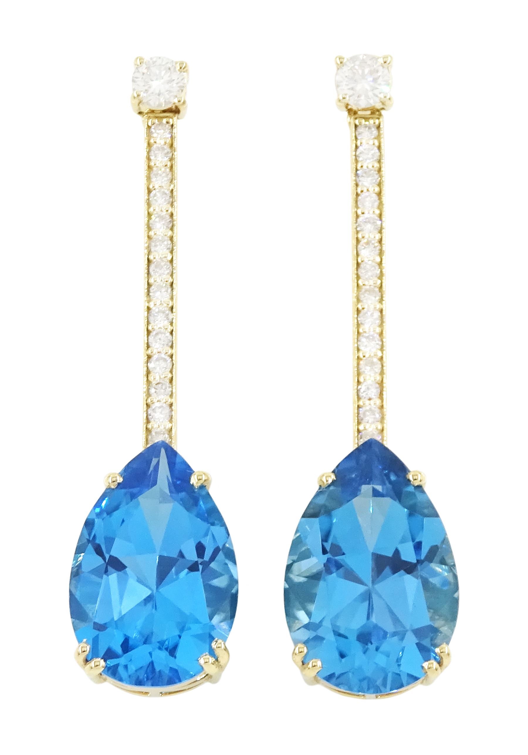 Pair of 18ct gold Swiss blue topaz and diamond earrings, each stud set with a single pear cut topaz, suspending from a row of round brilliant cut diamonds, total topaz weight approx 15.45 carat, total diamond weight approx 0.75 carat