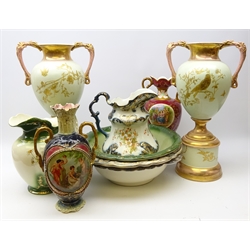  Pair Rubian Art classical urn shaped vases decorated with birds amongst trailing foliage on removable cylindrical plinths, H57cm, two Victorian urn shaped vases, two wash jug and bowl set and another bowl (9)  