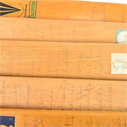 Sixteen signed miniature cricket bats, signed by 1990s County Cricket teams, including Northamptonshire 1992, Lancashire 1996, Surrey 1994, Essex 1991, Richard Blakely Benefit 1998, Worcester 1990 and Glamorgan 1994