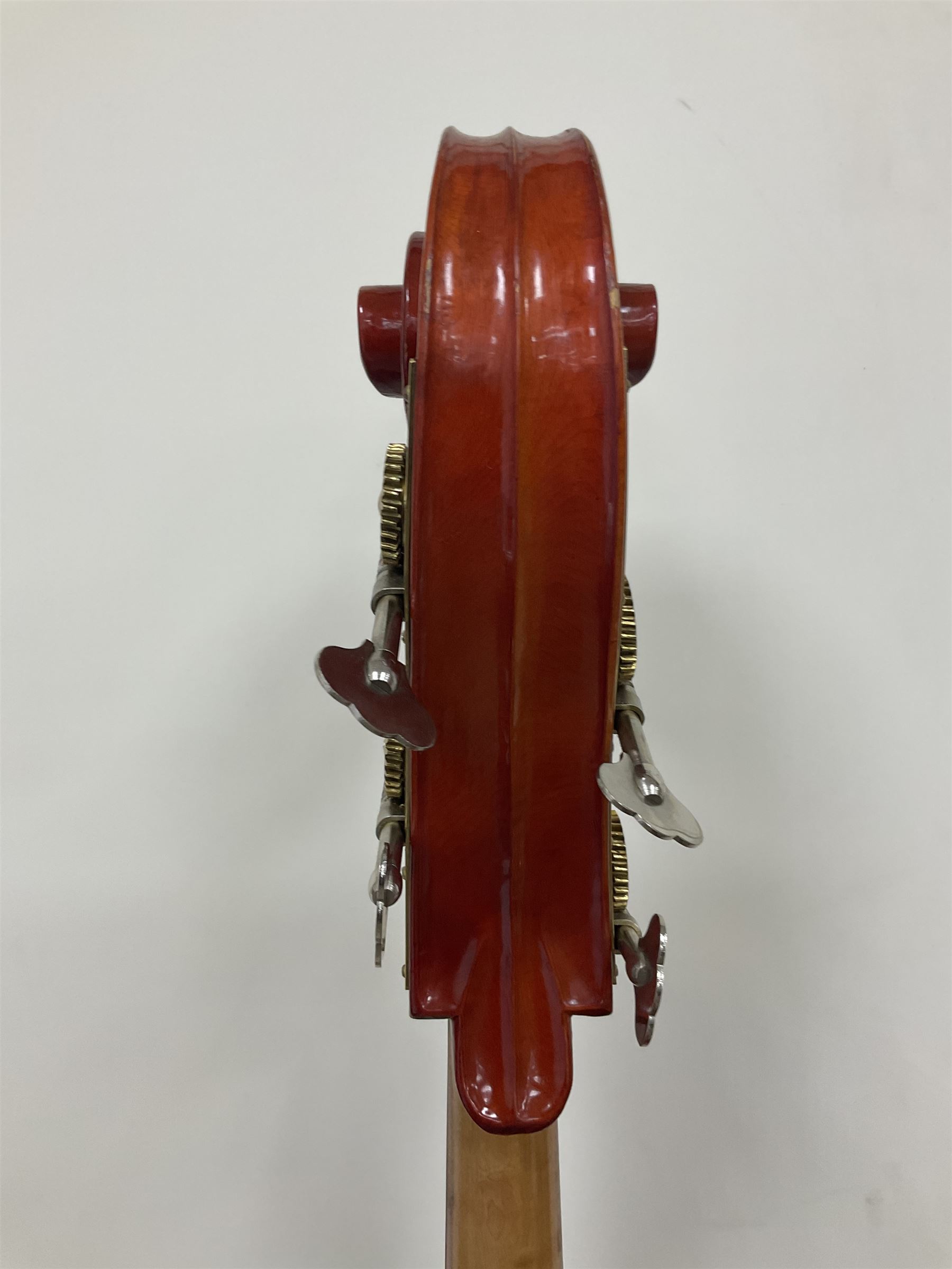 Contemporary 3/4 Double Bass, Body height bottom to shoulder 110cm, With steel tuning pins and ebonised fingerboard, no strings, bridge, tail piece, or endpin Although called a 3/4 size bass, this size is recognised as a regular sized Double Bass 
