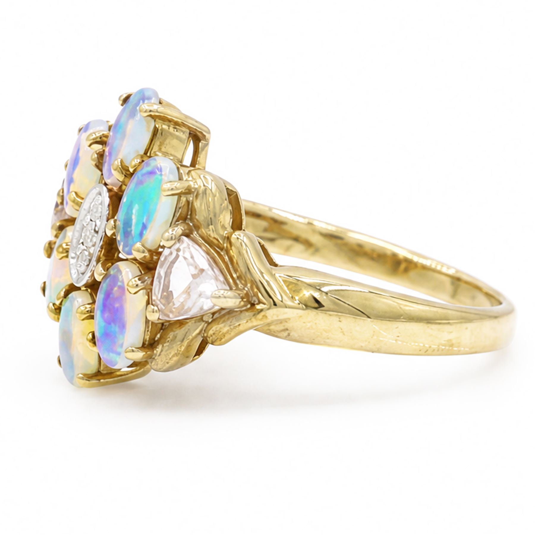 9ct gold opal, morganite and diamond cluster ring, three single cut diamond chips surrounded by six oval cut opals and two trilliant cut morganites, Birmingham 2007